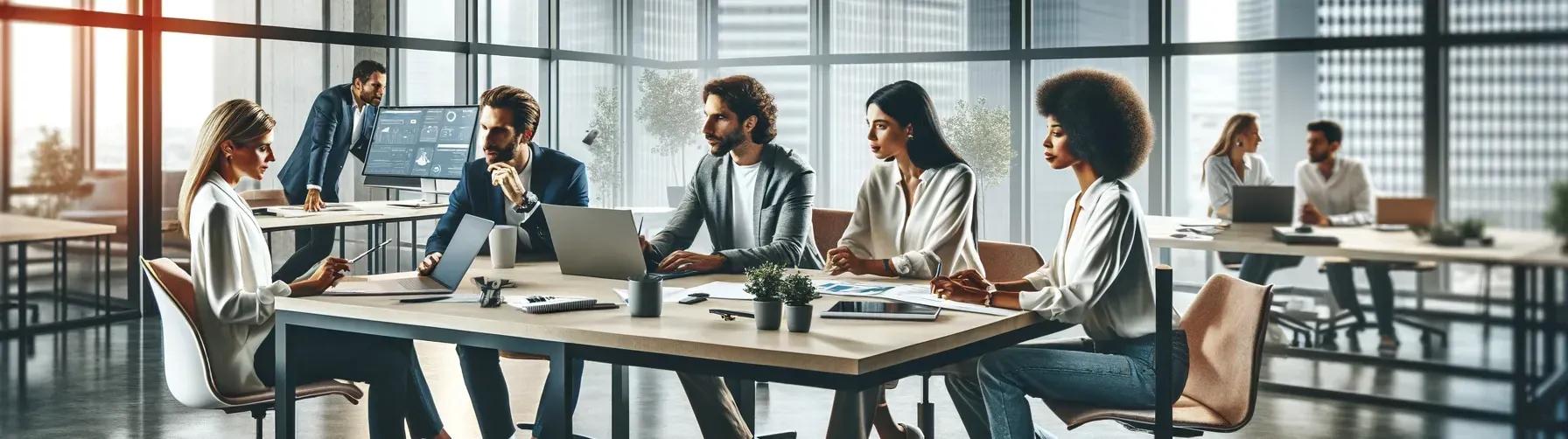 Modern office setting in France, showcasing a diverse team of professionals engaged in a strategic communication planning session, emphasizing teamwork, technology, and innovative ideas.