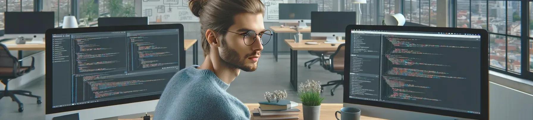 A focused individual engrossed in writing codes on a computer, symbolizing the technical proficiency and attention to detail required for a search engineer job.